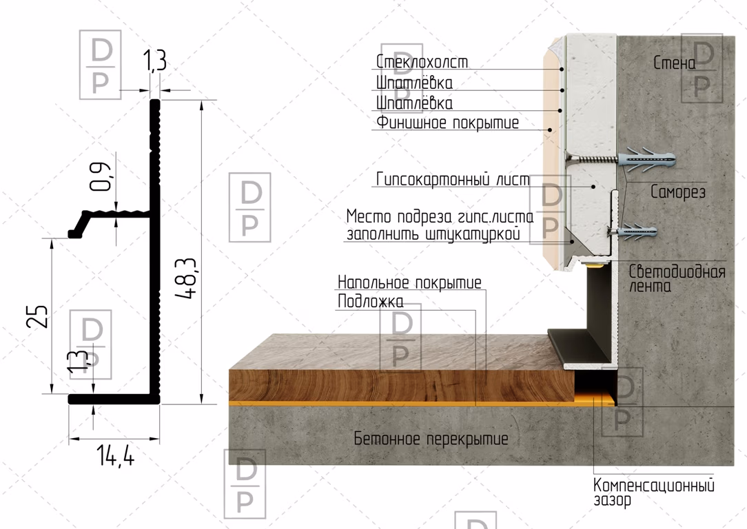 Плинтус с ножкой AP1029 алюминиевый - Премиальные архитектурные профили